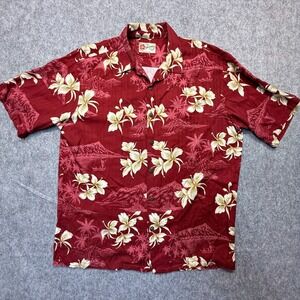 Hilo Hattie The Original Hawaiian Shirt Mens Large Red Floral Print Short Sleeve